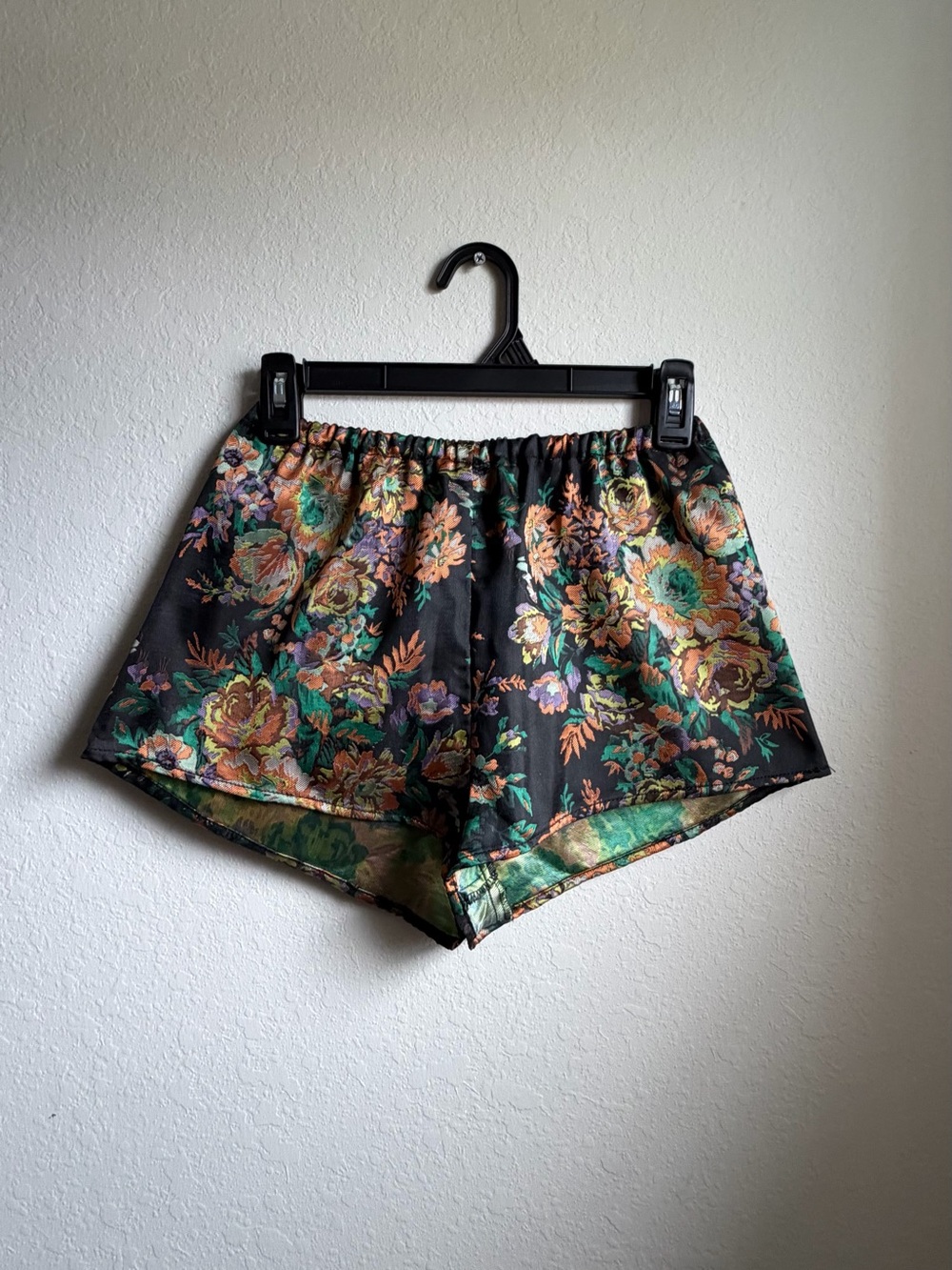 Anthropologie Black Floral Satin Shorts